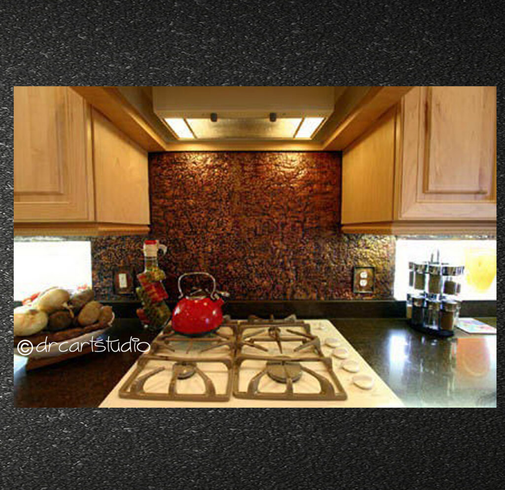 Photo of a hand made copper kitchen backsplash