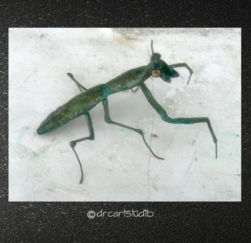 A photo of a handmade copper praying mantis