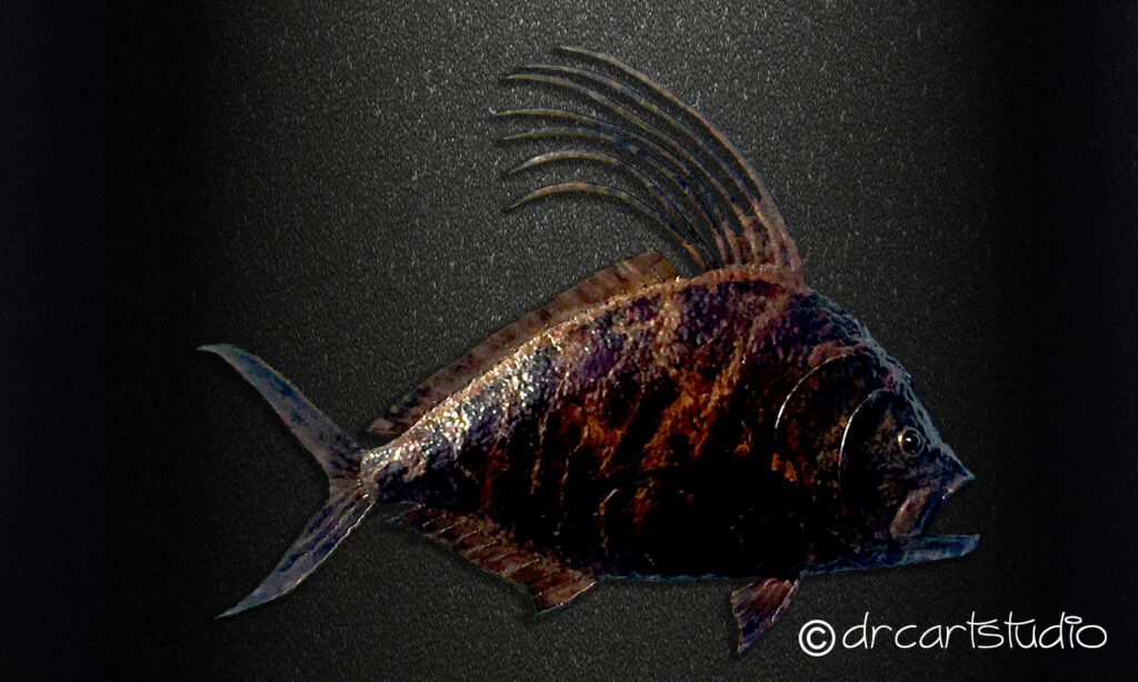 A photo of a hand made copper fish, a Roostertail